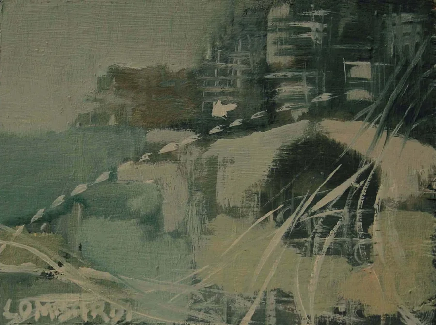 Panorama urbano, 1963 — Olio su cartoncino, 12 x 15,9 cm